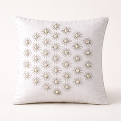 Handcrafted White Cushion Cover – 16"x16" | Pearl Starburst Embellished Design | Premium Poly Cotton