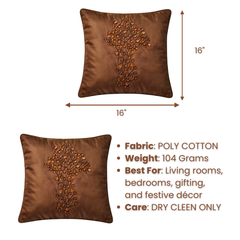 Hand Crafted Cushion Cover – Brown | 16"x16" | Poly Cotton | Embroidered Floral Design