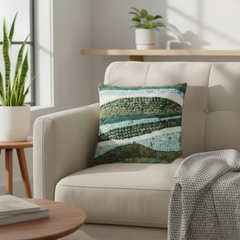 Handcrafted Olive Cushion Cover – 12"x12", Artistic Embroidered Wave Design in Poly Cotton