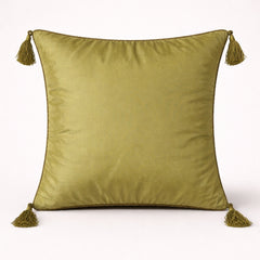 Hand Crafted Cushion Cover – Green | 12"x12" | Poly Cotton | Embroidered Diamond Pattern with Tassels
