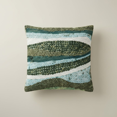 Handcrafted Olive Cushion Cover – 12"x12", Artistic Embroidered Wave Design in Poly Cotton