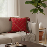 Handcrafted Maroon Cushion Cover – 12"x12" | Diamond Quilted Embroidery | Tassel Accents | Premium Poly Cotton