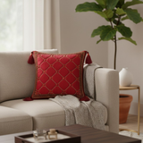 Handcrafted Maroon Cushion Cover – 12"x12" | Diamond Quilted Embroidery | Tassel Accents | Premium Poly Cotton