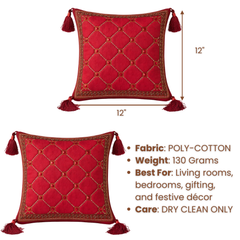 Handcrafted Maroon Cushion Cover – 12"x12" | Diamond Quilted Embroidery | Tassel Accents | Premium Poly Cotton
