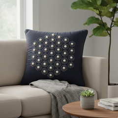 Handcrafted Black Cushion Cover – 16"x16" | Pearl Starburst Embellished Design | Premium Poly Cotton