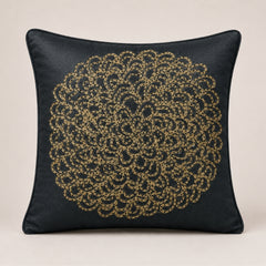 Machine Crafted Black Cushion Cover – 16"x16" | Elegant Gold Floral Embroidery | Premium Poly-Cotton Decorative Cushion Cover