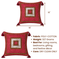 Handcrafted Red Cushion Cover – 16"x16" | Square Embellished Design with Tassels | Premium Poly Cotton