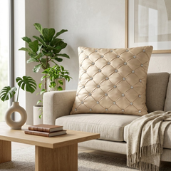 Hand Crafted Cushion Cover – Cream | 16"x16" | Poly Cotton | Diamond Button Tufted Design
