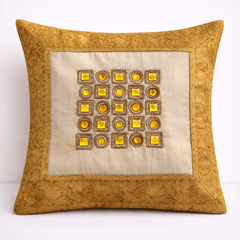 Hand Crafted Cushion Cover – Beige | 16"x16" | Poly Cotton | Geometric Embroidered Design