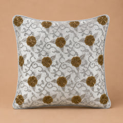 Fabric crafted Cushion Cover – White | 12"x12" | Floral Embroidered Decorative Cushion Cover