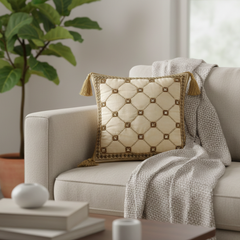Handcrafted Beige Cushion Cover – 12"x12" | Diamond Quilted Embroidery | Tassel Accents | Premium Poly Cotton