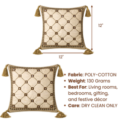 Handcrafted Beige Cushion Cover – 12"x12" | Diamond Quilted Embroidery | Tassel Accents | Premium Poly Cotton