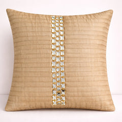Hand Crafted Cushion Cover – Beige | 12"x12" | Poly Cotton | Center Embellished Stripe Design