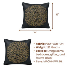 Machine Crafted Black Cushion Cover – 16"x16" | Elegant Gold Floral Embroidery | Premium Poly-Cotton Decorative Cushion Cover