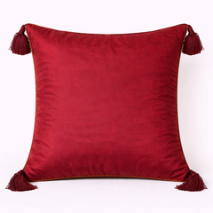 Handcrafted Red Cushion Cover – 16"x16" | Square Embellished Design with Tassels | Premium Poly Cotton