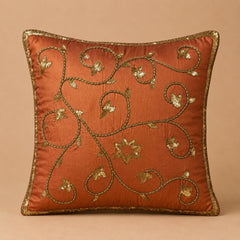 Handcrafted Cushion Cover – Yellow | 16"x16" | Floral Vine Embroidered Decorative Cushion Cover