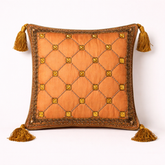 Handcrafted Orange Cushion Cover – 12"x12" | Diamond Quilted Embroidery | Tassel Accents | Premium Poly Cotton