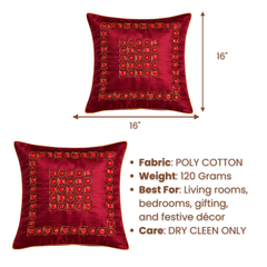 Hand Crafted Cushion Cover – Red | 16"x16" | Poly Cotton | Geometric Embellished Design