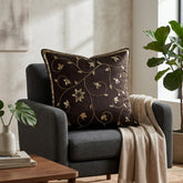 Handcrafted Cushion Cover – Brown | 16"x16" | Floral Vine Embroidered Decorative Cushion Cover