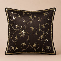 Handcrafted Cushion Cover – Brown | 16"x16" | Floral Vine Embroidered Decorative Cushion Cover