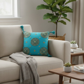Handcrafted Turquoise Cushion Cover – 16"x16", Premium Poly Cotton