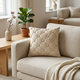 Hand Crafted Cushion Cover – Beige | 12"x12" | Poly Cotton | Diamond Button Tufted Design