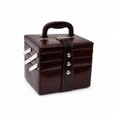 Luxury Brown Crocodile Leather Jewellery Vanity Box with Mirror, Multi-Layer Expandable Storage & Portable Travel Organizer (20.32 × 17.27 × 16.51 cm)