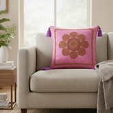 Handcrafted Pink Cushion Cover – 16"x16" | Ornate Circular Embroidery | Tassel Accents | Premium Poly Cotton