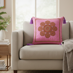 Handcrafted Pink Cushion Cover – 16"x16" | Ornate Circular Embroidery | Tassel Accents | Premium Poly Cotton