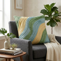 Fabric Crafted Cushion Cover – Green | 16"x16" | Poly Cotton Fabric | Modern Wavy Printed Design