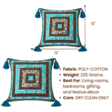 Handcrafted Turquoise Cushion Cover – 12"x12" | Square Mirror Work Embroidery | Tassel Accents | Premium Poly Cotton