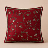 Handcrafted Cushion Cover – Bright Red | 16"x16" | Floral Vine Embroidered Decorative Cushion Cover