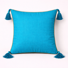 Handcrafted Turquoise Cushion Cover – 12"x12" | Square Mirror Work Embroidery | Tassel Accents | Premium Poly Cotton