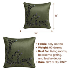 Hand Crafted Cushion Cover – Green | 16"x16" | Poly Cotton Fabric | Elegant Embroidered Floral Design