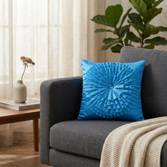 Fabric Crafted Cushion Cover – Turquoise Blue | 12"x12" | Poly Cotton | Circular Pleated Design