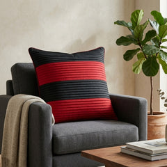 Fabric Crafted Cushion Cover – Red & Black | 16"x16" | Poly Cotton Fabric | Bold Striped Texture Design