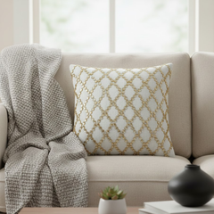 Handcrafted Cream Cushion Cover – 16"x16" | Poly Cotton | Gold Sequin Lattice Work | Premium Festive Décor