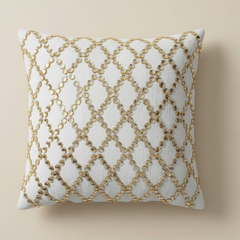 Handcrafted Cream Cushion Cover – 16"x16" | Poly Cotton | Gold Sequin Lattice Work | Premium Festive Décor