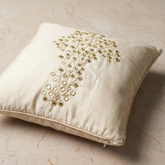Hand Crafted Cushion Cover – Cream | 16"x16" | Poly Cotton | Embroidered Floral Design