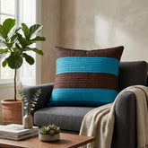 Fabric Crafted Cushion Cover – Turquoise & Brown | 16"x16" | Poly Cotton Fabric | Modern Striped Texture Design