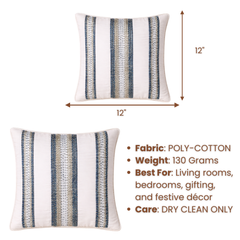 Handcrafted White Cushion Cover – 12"x12" | Vertical Stripe Embroidery | Premium Poly Cotton