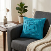 Fabric Crafted Cushion Cover – Turquoise | 12"x12" | Poly Cotton | Geometric Quilted Design