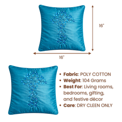 Hand Crafted Cushion Cover – Blue | 16"x16" | Poly Cotton | Embroidered Floral Design