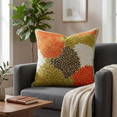 Machine Crafted Cushion Cover – Green | 16"x16" | Multicolor Floral Embroidered Decorative Cushion Cover