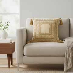 Handcrafted Golden Cushion Cover – 12"x12" | Intricate Square Embroidery | Tassel Accents | Premium Poly Cotton