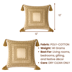 Handcrafted Golden Cushion Cover – 12"x12" | Intricate Square Embroidery | Tassel Accents | Premium Poly Cotton