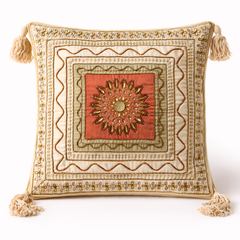 Hand Crafted Cushion Cover – Ivory | 16"x16" | Poly Cotton | Embroidered Medallion Design