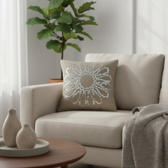 Handcrafted Khaki Floral Cushion Cover – 12"x12", Premium Poly Cotton