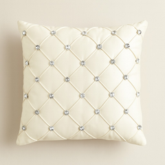 Handcrafted White Cushion Cover – 16"x16" | Premium Poly Cotton | Crystal-Studded Diamond Quilting | Elegant Luxe Home Décor