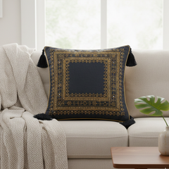 Handcrafted Black Cushion Cover – 16"x16" | Intricate Square Border Embroidery | Tassel Accents | Premium Poly Cotton